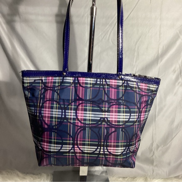 Coach Legacy Blue Plaid Sig C Canvas with Leather Shoulder Bag G1276-F20040 EUC - Picture 4 of 12